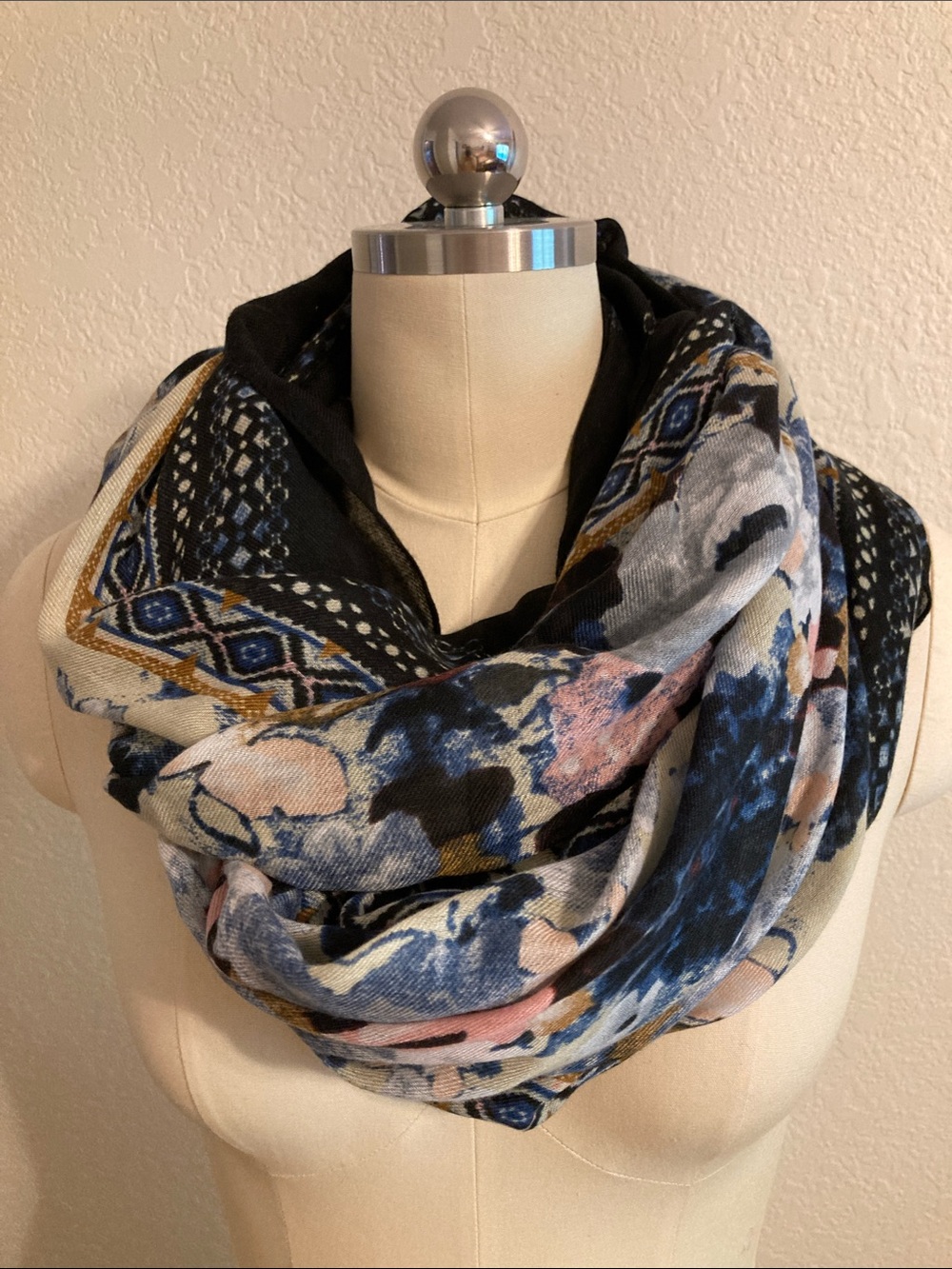 Banana Republic Navy Floral Infinity Scarf with Blue, Pink & Gold Accents - Picture 1 of 5